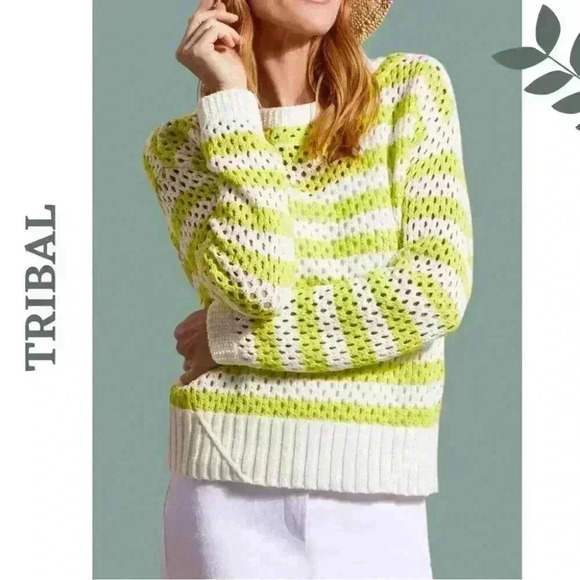 Tribal Chandail Horizontal Stripe Lomg Sleeve Cotton Sweater White Green - Picture 1 of 5